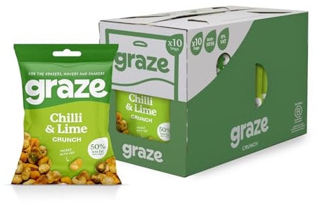Graze - Chilli & Lime Crunchy Snacks - Healthy Vegan Lunchbox Snacks - Perfect If you Love Corn, Broad Beans and Chilli Roasted Peas - 35g x 10 bags