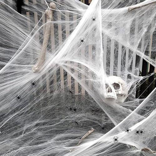 PHISGNIO Halloween Deko Spinnweben, 100g Spinnennetz Halloween Deko Dehnbar mit 40 Plastik Spinnen Weiß Spinnennetz Dekoration Realistisch für Outdoor Indoor Gardens Karneval Halloween Horror Party
