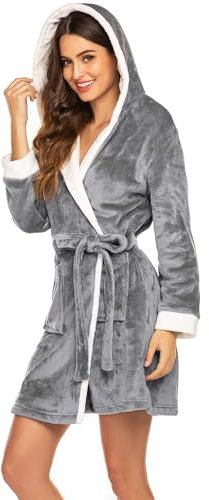 Ekouaer Bademantel Damen Frottee Flauschig Weich Kapuze Knielang Kurz Hausmantel Morgenmantel Fleece Sauna Spa Robe Grau XXL
