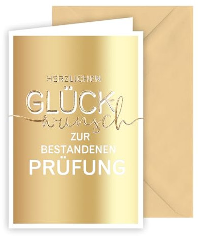 KE -Edle Karte zur bestandenen Prüfung, Format B6 Glückwunschkarte, weißer Karton, komplette Voderseite mit großer goldener Folienprägung - Herzlichen Glückwunsch