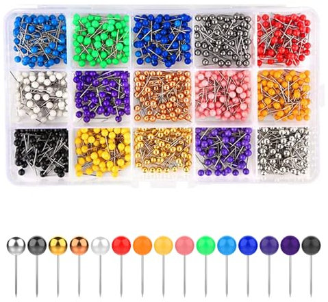 APKOL 900 Stück Rundkopf Stecknadeln, Pinnnadeln Pushpins, 15 Farben Kartennadel, Landkarte Pinnadeln, Bunt Map Pins Karte Nagel Pinnadeln Stecknadeln für DIY, Wandkarten, Bulletin Board, Kork Boards