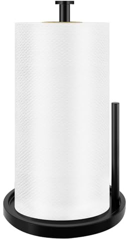 Paper Towel Holder Countertop, Standing Paper Roll Holder with Anti Slip Weighted Base, Stainless Steel Freestanding Paper Towel Holder for Kitchen, Black