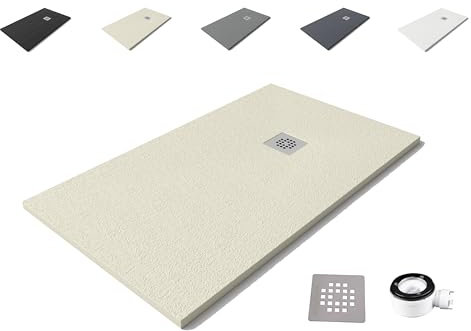 VAROBATH | Plato de Ducha Nolita – Material Resina con Carga Mineral y Textura Pizarra Antideslizante C3 – Incluye Válvula Desagüe y Rejilla (Crema RAL-1013, 80x140)