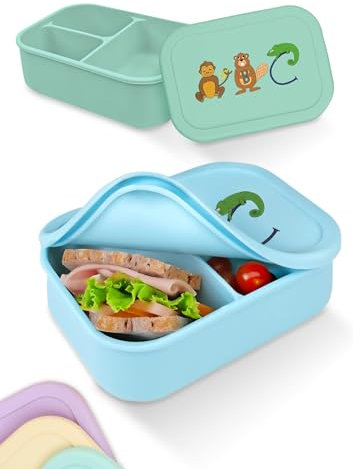 Deine Schulhelden Lunchbox - Silikon Brotdose für Kinder - Bruchfeste und Auslaufsichere Bento Box, BPA frei, Spülmaschinenfest und Mikrowellengeeignet - Kapazität 800 ml (Baby Blue)