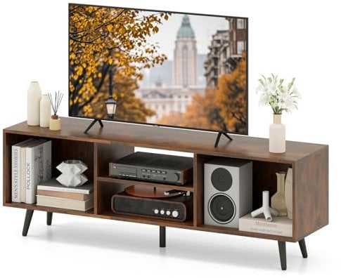 COSTWAY TV Stand Cabinet for 55 Inch TVs, 120cm Wooden Media Entertainment Center with Open Storage Shelves, 5 Metal Legs TV Unit Console Table for Living Room Bedroom (Rustic Brown)