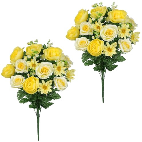 Hollyone 2er-Set Kunstblumen Grabgesteck Künstliche Friedhofsblumen für Grab Gedenkblumen mit Gelb Rosen Ranunkeln Gerbera Gestecke für Friedhöfe Künstlicher Blumenstrauß Seidenblumen Grabschmuck