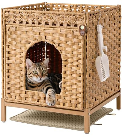 Klippehop Katzenhaus Katzenschrank für Katzentoilette Versteckte Katzenklo-Möbel, Handgeflochtenes Rattan-Katzenhaus mit Katzenklo Matte, Natur (Natur, Enhanced Model)
