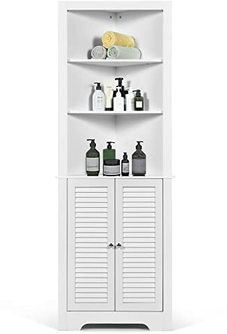 GIANTEX Eckschrank, freistehender Badezimmerschrank mit 3 offenen Regalen, Hochschrank für Badezimmer, Schlafzimmer & Wohnzimmer, Eckregal 44 x 44 x 173 cm (Weiß, 173 cm)