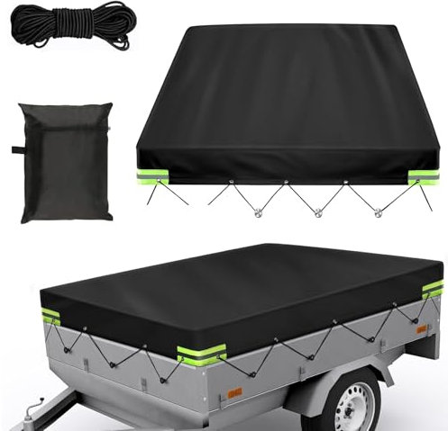 Bâche 420D PVC Renforcée pour Remorque 1.8x1.2m - Imperméable, Coins Triples Renforcés avec Bandes Réfléchissantes pour Camionnettes & Caravanes (Black,214 X 122 X 13cm)