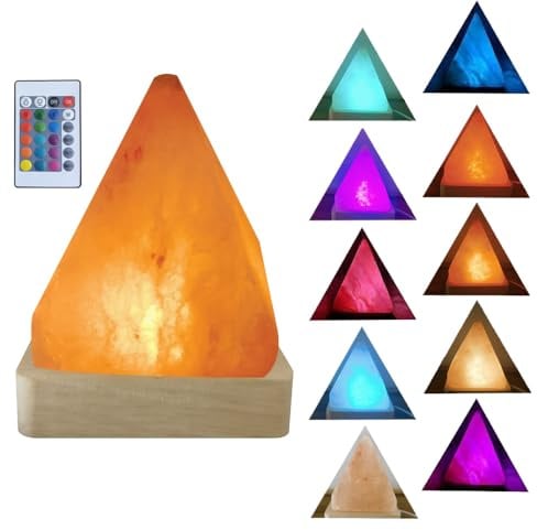 YZYOE USB colorata lampada salina, base atmosferica in legno massiccio decorazione piramide lampada salina, con telecomando, Luce notturne in cristallo naturale, fatte a mano.