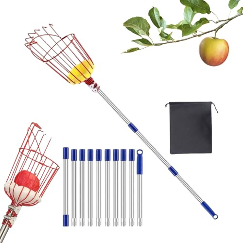 Renopfect Fruit Picker Pole with Basket - 4 m Extendable Fruit Picker for Trees - For Picking Peach Pear Avocado Citrus Fruits Pomegranate Garden Yard