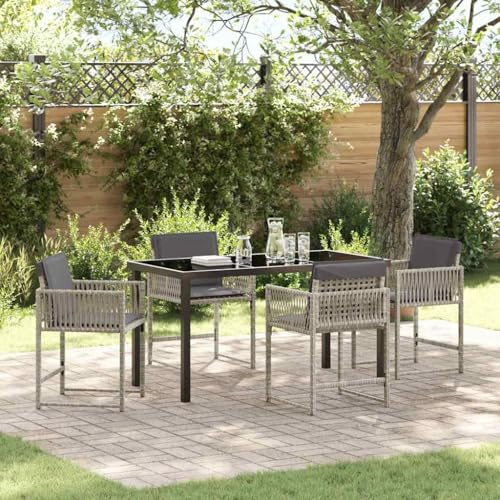 Tonture Garten Essgruppe 5-teilig Hellgrau Poly-Rattan, Outdoor Möbel Set mit Glastisch, Langlebige Sitzgruppe für Terrasse Balkon, Modernes Design