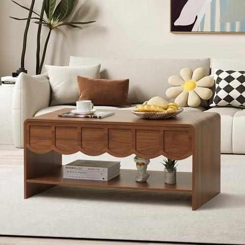 GuannCraft Höhenverstellbarer Couchtisch mit Stauraum und geschwungenem Design - Höhenverstellbarer Wohnzimmertisch aus Holz mit Staufächern und geschwungenen Seitenwänden.