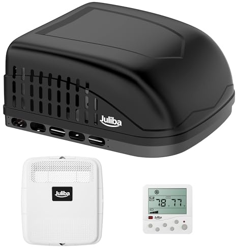 JULIBA 18k BTU RV Air Conditioner with Heat Pump, 110-120V Non-Ducted Rooftop RV AC Unit, Quiet Cooling & Heating Camper AC, RV AC Heater Combo for RV, Travel Trailer, Fifth Wheel & Food Truck, Black