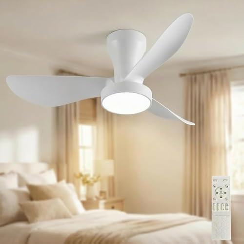 LEONTYNE 31 Inch Ceiling Fan with Light Remote, Dimmable LED 3000K-6500K | Low Profile, 6 Speed Quiet Reversible DC Motor, Timer Memory, 22W 2200LM, Fan Light for UK Small Bedroom Kitchen Dining Room