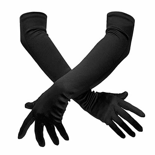 SHATCHI Women's Long Elbow Satin Stretchy 1920s Opera Evening Party Dance Wedding Prom Gloves (55 cm/20.5inch), Black, One Size