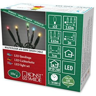 Konstsmide 6350-520 Micro LED Lichterkette / für Innen (IP20) / 10 bunte Dioden / 24V Innentrafo / dunkelgrünes Kabel