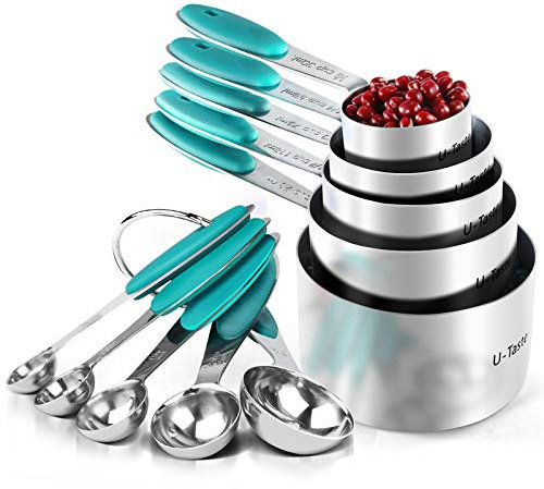 Cuillères et Tasses à Mesurer: U-Taste Ensemble de Tasses et Cueillere Dosseur en Acier Inoxydable 18/8, 10 Pièces Mesures Cuisine pour la Pâtisserie et la Cuisson, Poignée Épaissie (Turquoise)