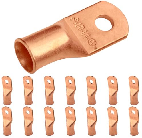 SELTERM 1/0 AWG (50 mm²) - 1/4 (M6) ⌀ Hole UL Heavy Duty Wire Lugs, Battery Cable Ends, Bare Copper Eyelets, Tubular Ring Terminal Connectors [B63] - 15 Pack