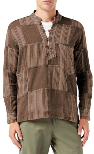 SHOPOHOLIC FASHION Chemises Hippies à Rayures Unies Lavées à la Pierre pour Hommes, Chemise Grand-père en Coton à Manches Longues, Brown, XXL