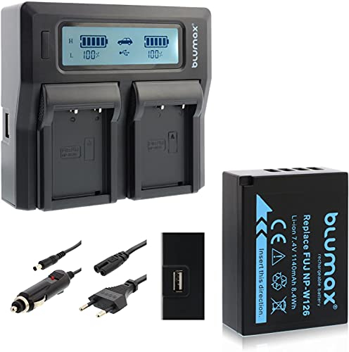 Blumax Akku ersetzt NP-W126s 1140mAh + Doppel-Ladegerät | kompatibel mit Fujifilm XT-3 XT3 FinePix X-T1 X-T2 X-T10 X-T20 X-Pro2 und andere X-E1 X-E2 X-M1 X-A1 X-A2 X-Pro1 X-ES2 X-A3 HS50EXR