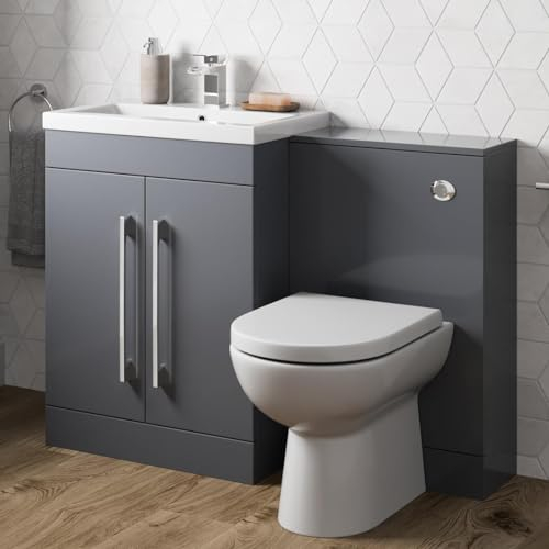 AURORA® 1100mm Combination Vanity Unit Furniture Set, Wash Basin Bathroom Sink, BTW Toilet Pan & Soft Close Seat, Storage Cabinet, Reversible, Grey Gloss