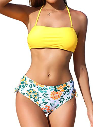 SHEKINI Costume da Bagno Donna Due Pezzi Imbottito Halter Regolabile Bandeau Bikini Top Costumi Due Pezzi Donna Vita Alta Controllo Addominale Bikini Fondo(M, Giallo)
