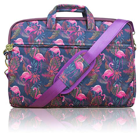 TaylorHe 13-14 inch Poly Canvas Laptop/Chromebook/MacBook Shoulder Bag with Patterns, Side Pockets Handles and Detachable Strap Flamingos Pink