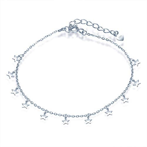 Yumilok Damen Fußkettchen mit klein Stern Sternchen Anhänger 925 Sterling Silber Fußkette Strand Sandale Barfuß verstellbares für Mädchen mit Verschluss