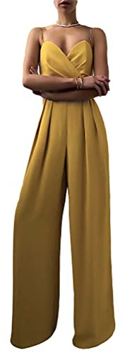 Minetom Jumpsuit da Donna Elegante Scollo a V Tinta Unita Playsuit Tuta Cerimonia Cocktail Overall Monopezzi Tutine B Giallo S