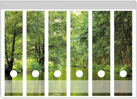 Wallario Ordnerrücken Sticker Spreewald in Brandenburg grüne Wälder und Spiegelungen im Wasser - Größe 6 Stück, Rückenschilder für 6 breite Ordner, Klebeetiketten