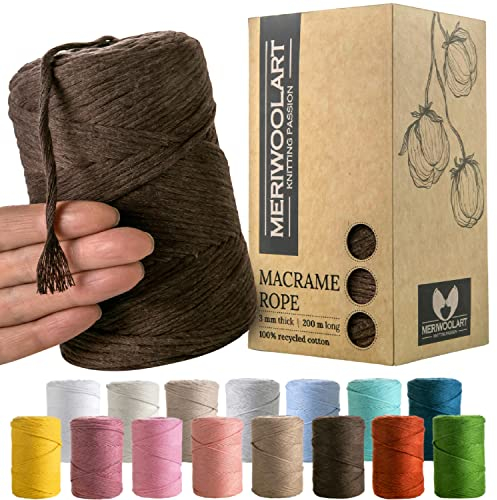MeriWoolArt® Makramee Garn Braun - Makramee Garn 3mm farbig 200m - Super weiches Garn, einfach gedrehte Makramee Schnur - Öko-Tex 100% recyceltes Baumwollgarn farbig - DIY Boho Deko Makramee