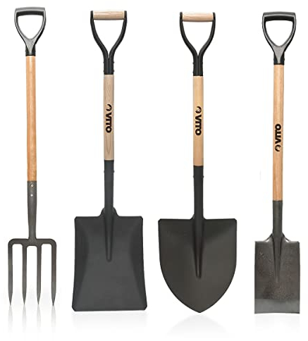 VITO - Set di 4 attrezzi da giardino in acciaio di alta qualità, manico in legno, manico ergonomico forchetta + paletta quadrata + paletta rotonda + vanga