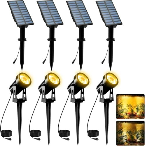 T-SUNUS Spot Solaire Extérieur, Lampe Solaire Exterieur Jardin Puissante avec 2 Modes IP65 Étanche, Projecteur Solaire Exterieur Pour Jardin Cour Allée Blanc Chaud Lot de 4