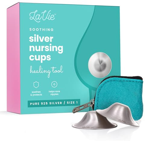 LaVie Silver Nursing Cups, Soothing Protection for Nursing Nipples of Newborns, Calming Relief for Breastfeeding Moms, 925 Silver Nipple Covers All Natural (Size 1)