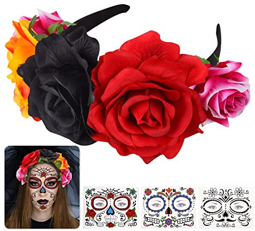 Herefun Haarreif mit Blumen, Tag der Toten, Halloween Haarreif mit Blumen Rosa Kinder, Halloween-Rosen-Kronen-Stirnband, Halloween Party Kopfschmuck mit 3 Stück Temporäre Gesicht Schädel Tattoos