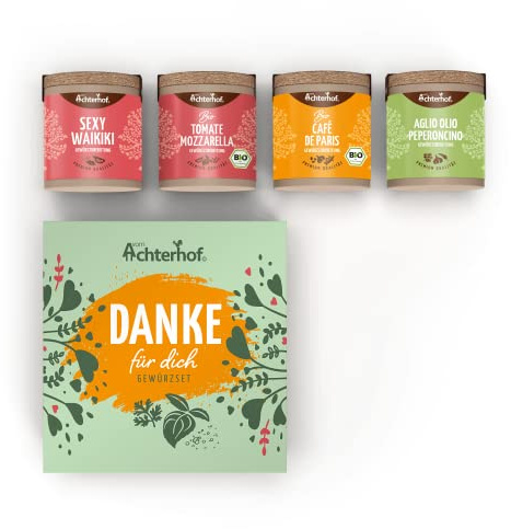 Danke für Dich Gewürzset | Aglio Olio Peperoncino, Café de Paris Bio, Sexy Waikiki und Tomate Mozzarella Bio Gewürzzubereitung | aromatische Geschmacksvielfalt | Geschenkbox | vom Achterhof