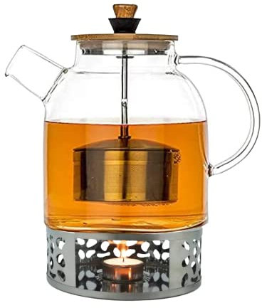 Naturic Teekanne aus Glas mit Sieb und Stövchen - 1,6 l - Teekanne mit Hebe- und Senkfunktion - Deckel und Edelstahl Sieb abnehmbar