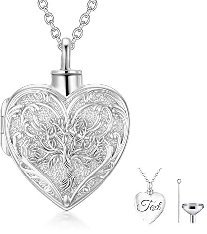 SOULMEET Personalized 9K 14k 18k Solid White Gold Tree of Life Cremation Locket Necklace for Ashes, Engraving Tree Urn Locket Necklace that Holds Human Dog Cat Ashes (Custom Name)