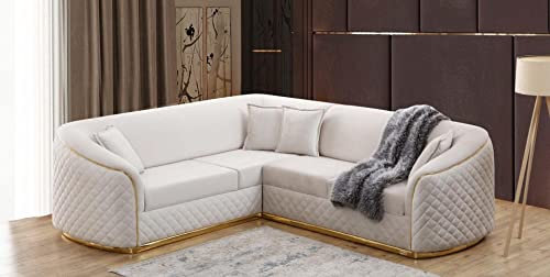 JV Möbel Design Eckcouch Wohnzimmer Eckgarnitur Sofa Couch Textil Ecksofa Beige Gold Samt