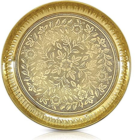 BENGALEN Brass Pooja Plate 8 Inch Pure Pital Puja Arti Thali Pooja Thali Set Traditional Handcrafted for Puja Ghar Home Office Mandir Wedding Return Diwali Gift Items
