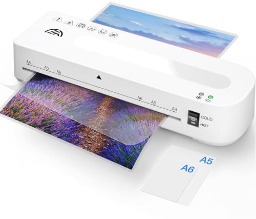 MAXDONE Laminator Machine A4 Laminators - Thermal and Cold A4 Laminator Machine with 10 Laminating Pouches, Laminating Machine 80-125 Mic and 90-s Warm Up A4/A5/A6 for School Home (White)