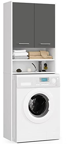 ADGO FIN Badezimmerregal über der Waschmaschine 2 Türen 64x180x30 cm Schrank mit Türen über der Waschmaschine Funktioneller Badezimmerartikelhalter (Weiß Graphit Grau)