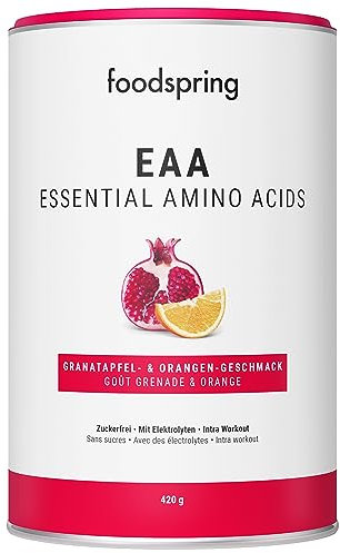 foodspring EAA Powder mit Elektrolyten – EAA Pulver enthält alle essentiellen Aminosäuren – zuckerfrei (420g | 30 Portionen | 1 Messlöffel = 14g | Granatapfel & Orange)