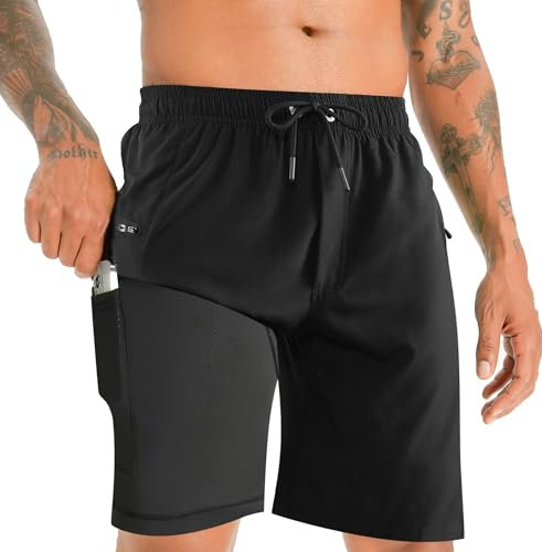 APTRO Herren Badehose Lang mit Kompression Liner Schnelltrocknend Badeshorts Schwimmhose 2 in 1 Badehosen mit Reißverschlusstasche Innenhose Surfen Strandhose Schwarz MK287 XL