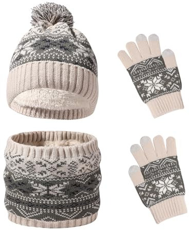 Waylipun Kinder Wintermütze Schal Handschuhe Set, 3 in 1 Warm Winte Strickmütze Kinder Mütze Set mit Plüsch Innenfutter für 2-7 Jahre Kinder Jungen Mädchen (Grau)