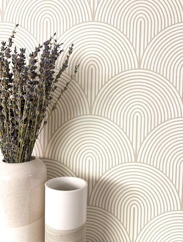 Newroom Mustertapete Beige Bogen Vliestapete Wohnzimmer | Art-Déco-Bogenmuster, feine Leinenoptik, cremeweißer Grund, warme Wandtapete Boho Retro, Schlafzimmer Flur Esszimmer