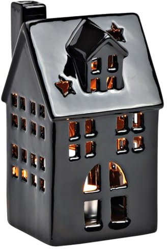 matches21 Skandinavisches Lichthaus für Teelichter - Schwarzer Teelichthalter Leuchthaus aus Porzellan - Hygge Windlicht als Weihnachtsdeko für Wohnzimmer, Schlafzimmer, Flur 9 x 16 x 7 cm