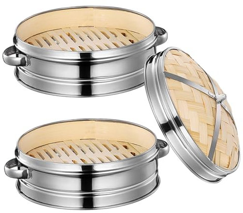 Bamboo Steamer Basket,Bamboo Steamer 7.9 Inch 2 Tiers Bamboo Steamer Basket with Lid and Binaural Handle Hollow Dumpling Steamer with Stainless Steel Ring for Cooking Dim Sum, Buns, Vegetables