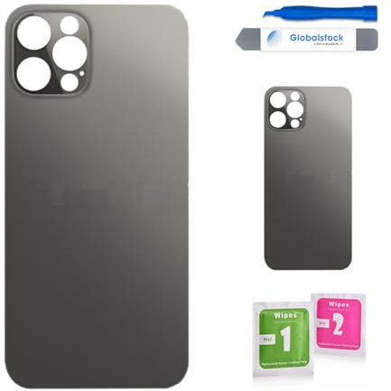 Globalstock Vitre arrière de Cache Batterie Remplacement - Coque Cache Batterie Compatible pour iPhone 12 Pro Noir + adhésif et Kit Outils